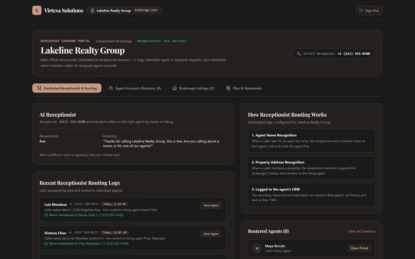 Brokerage portal showing the AI receptionist and calls routed to agents